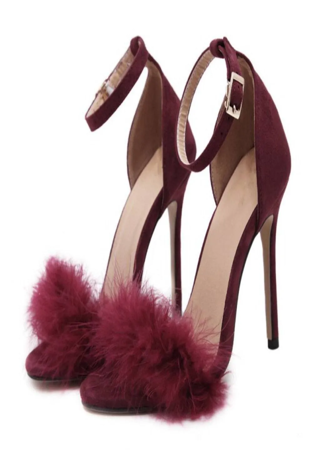 Black Stiletto High Heel Sandals With Fluffy Fur