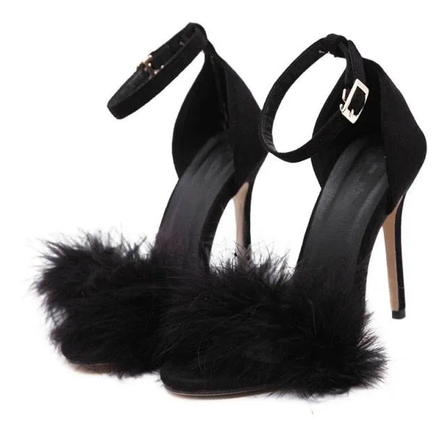 Black Stiletto High Heel Sandals With Fluffy Fur