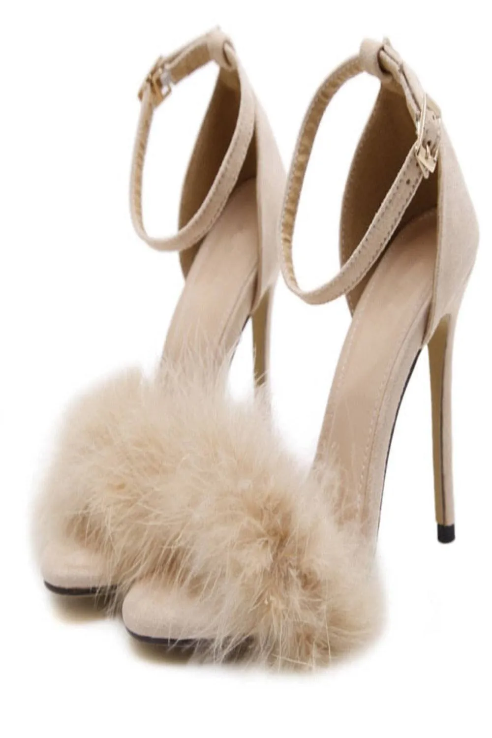 Black Stiletto High Heel Sandals With Fluffy Fur