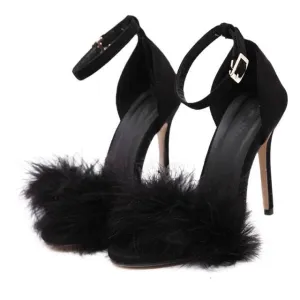 Black Stiletto High Heel Sandals With Fluffy Fur