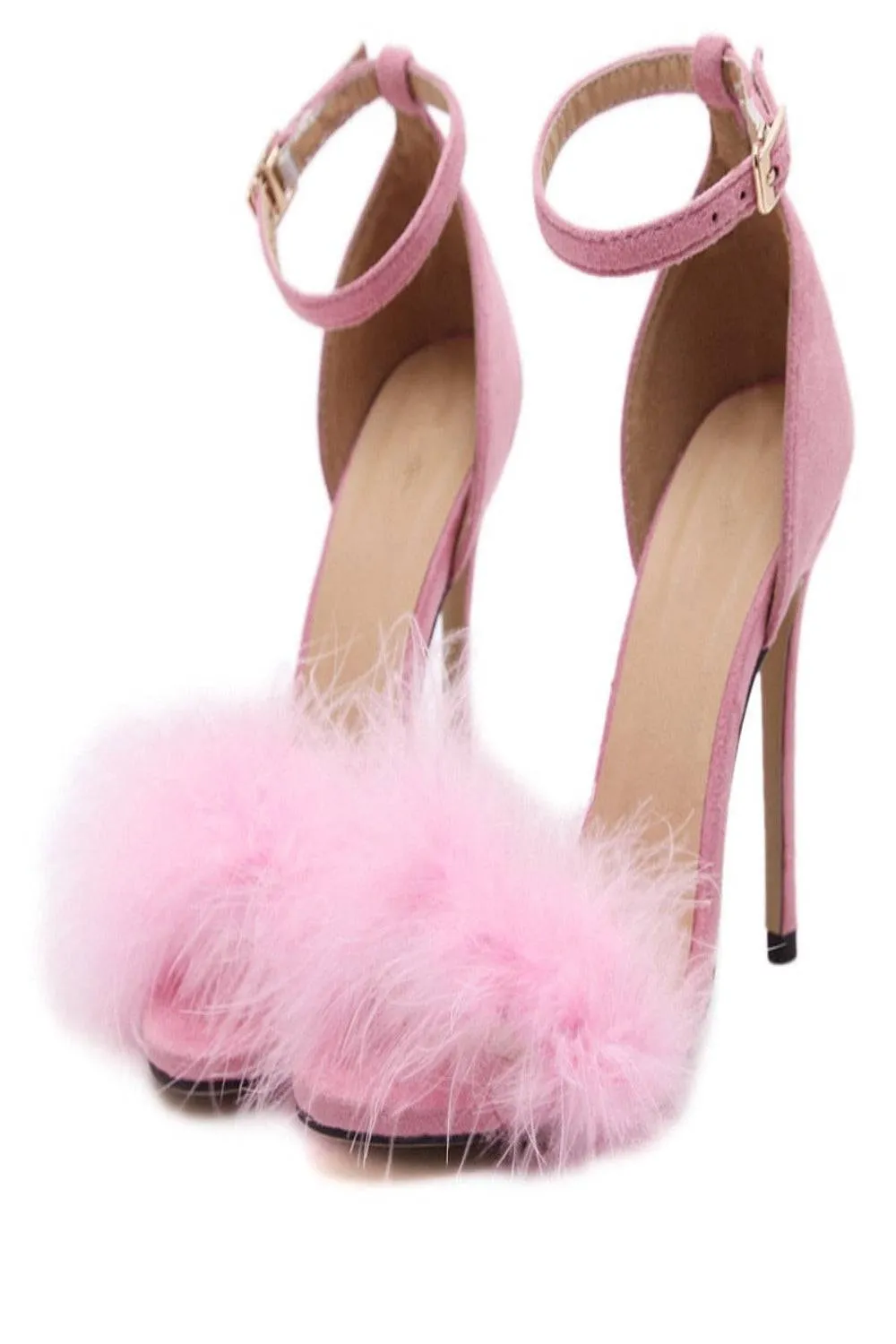 Black Stiletto High Heel Sandals With Fluffy Fur