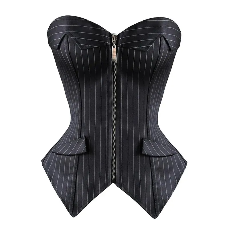 Black Striped Over Bust Zip Corset