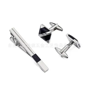 BLACK/SILVER CUFFLINKS & TIE PIN