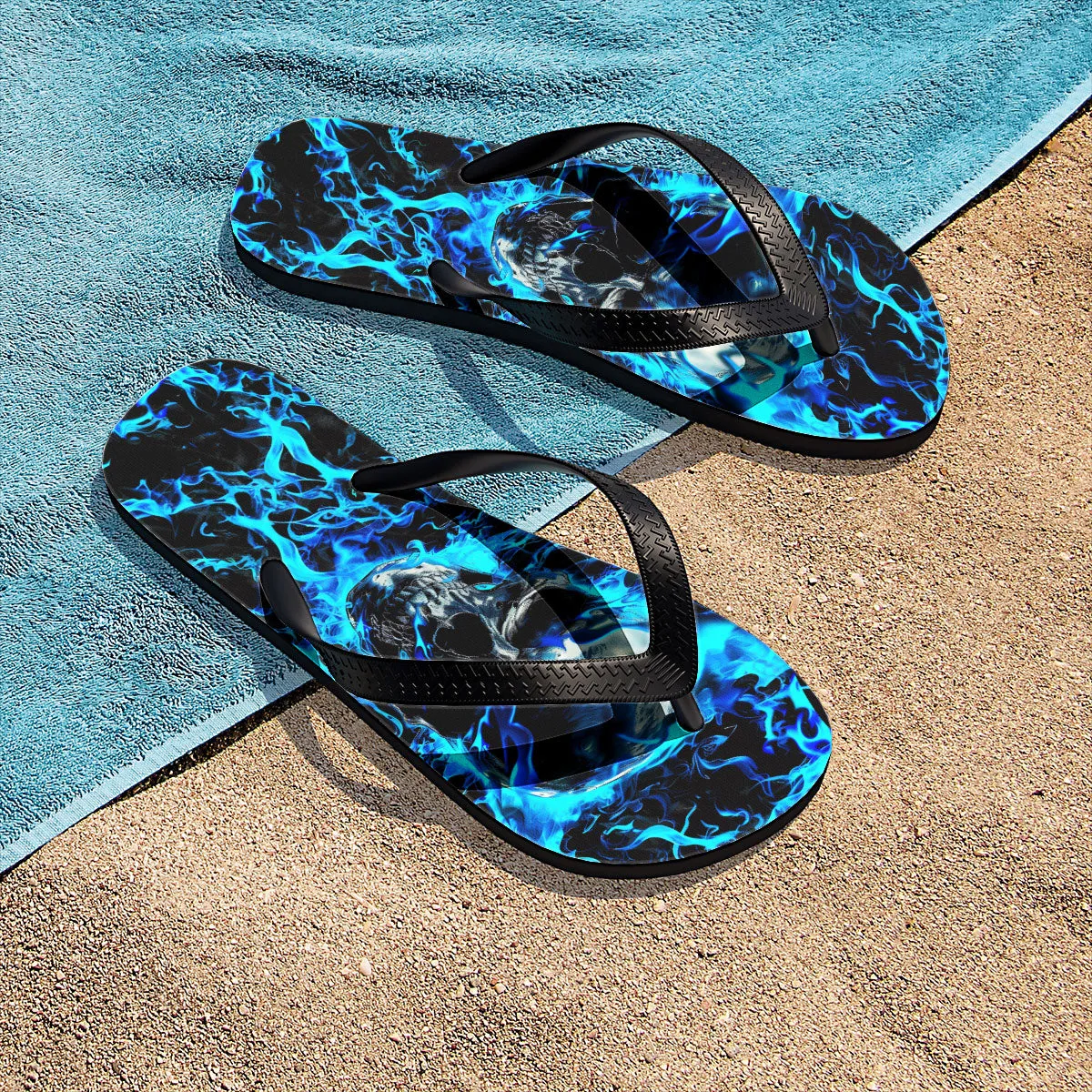 Blue Fire Skull Flip Flops for Women Beach