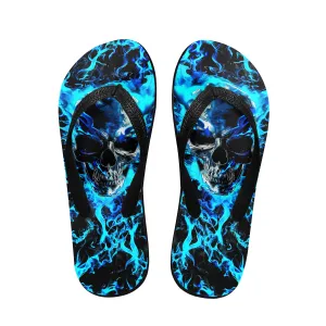 Blue Fire Skull Flip Flops for Women Beach