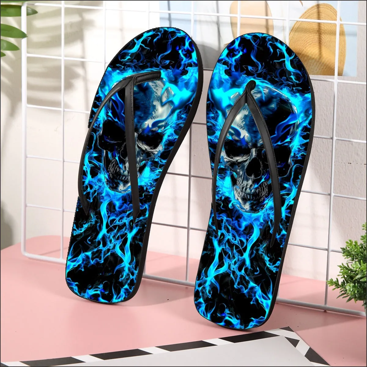 Blue Fire Skull Flip Flops for Women Beach