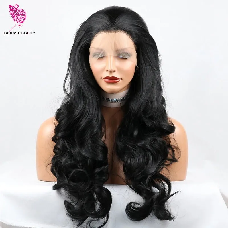 Body Wavy Lace Front Wig Soft Hair T Part Synthetic Headband Wig Black