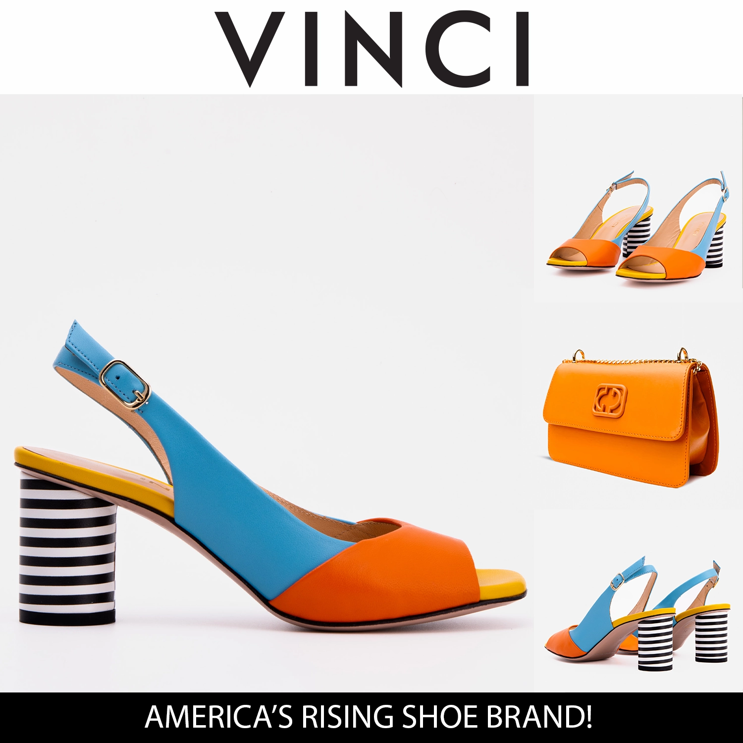 The Spectrum Blue / Orange Block Heel Leather Women Sandal Laser Cut Perforation System Trendy Outdoor Shoes