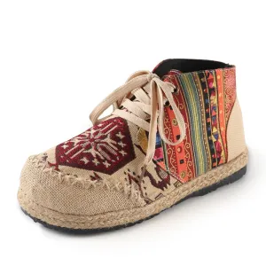 Bohemian Bliss Ankle Booties -  Hand-Made Round Toe Flat Shoes For Women