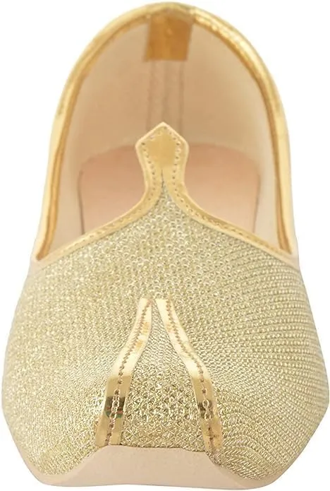 BombayFlow Men's Roy Gold Glitter Punjabi Jutti Indian Handmade Gold Shoes Loafers, Khussa Shoes Juti India Wedding Kurta Sherwani Khussa Mojari Men's