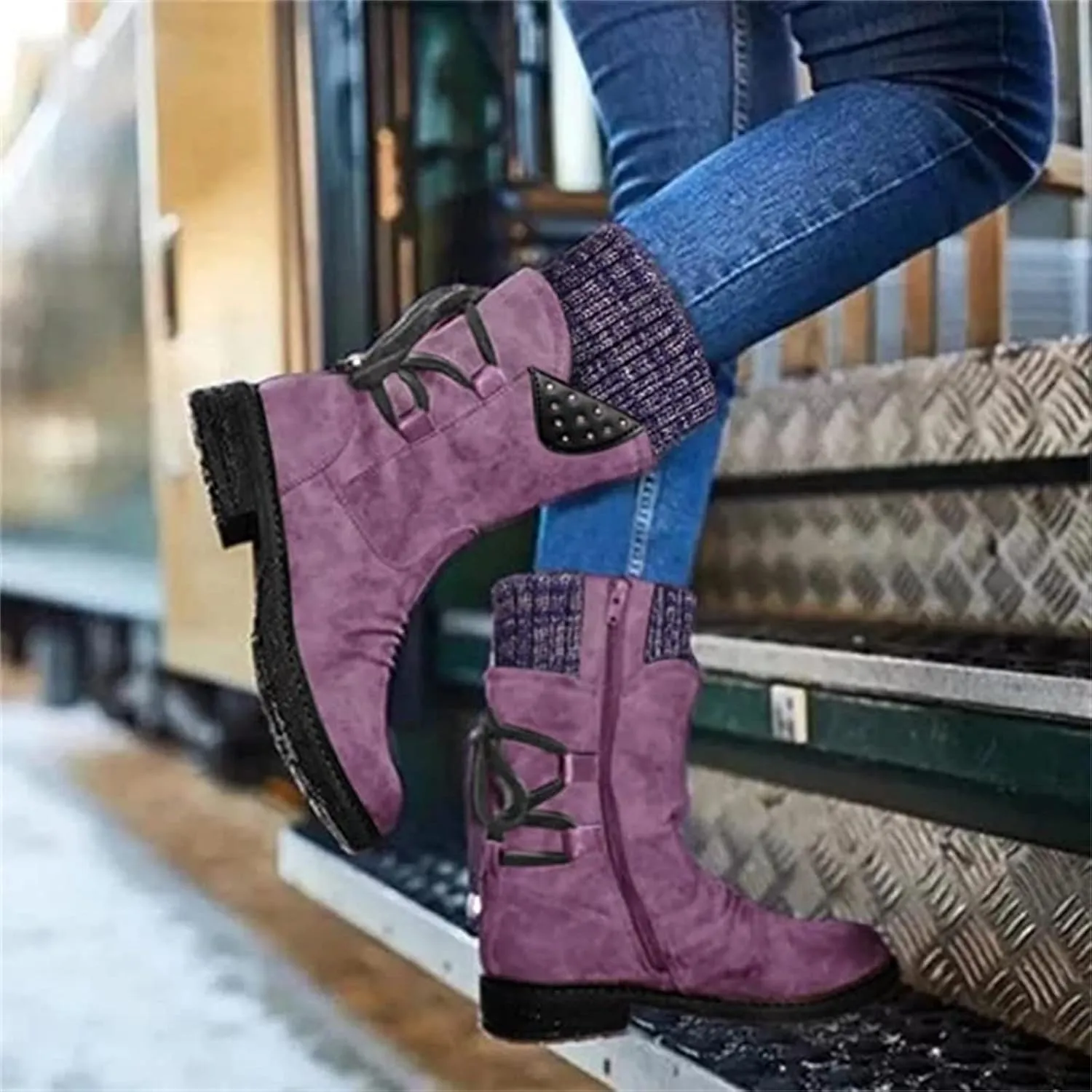 Boots For Women Ankle Booties Sexy Low Heels Mid Calf Combat Riding Winter Boots Side Heel Motorcycle Military Biker Boots