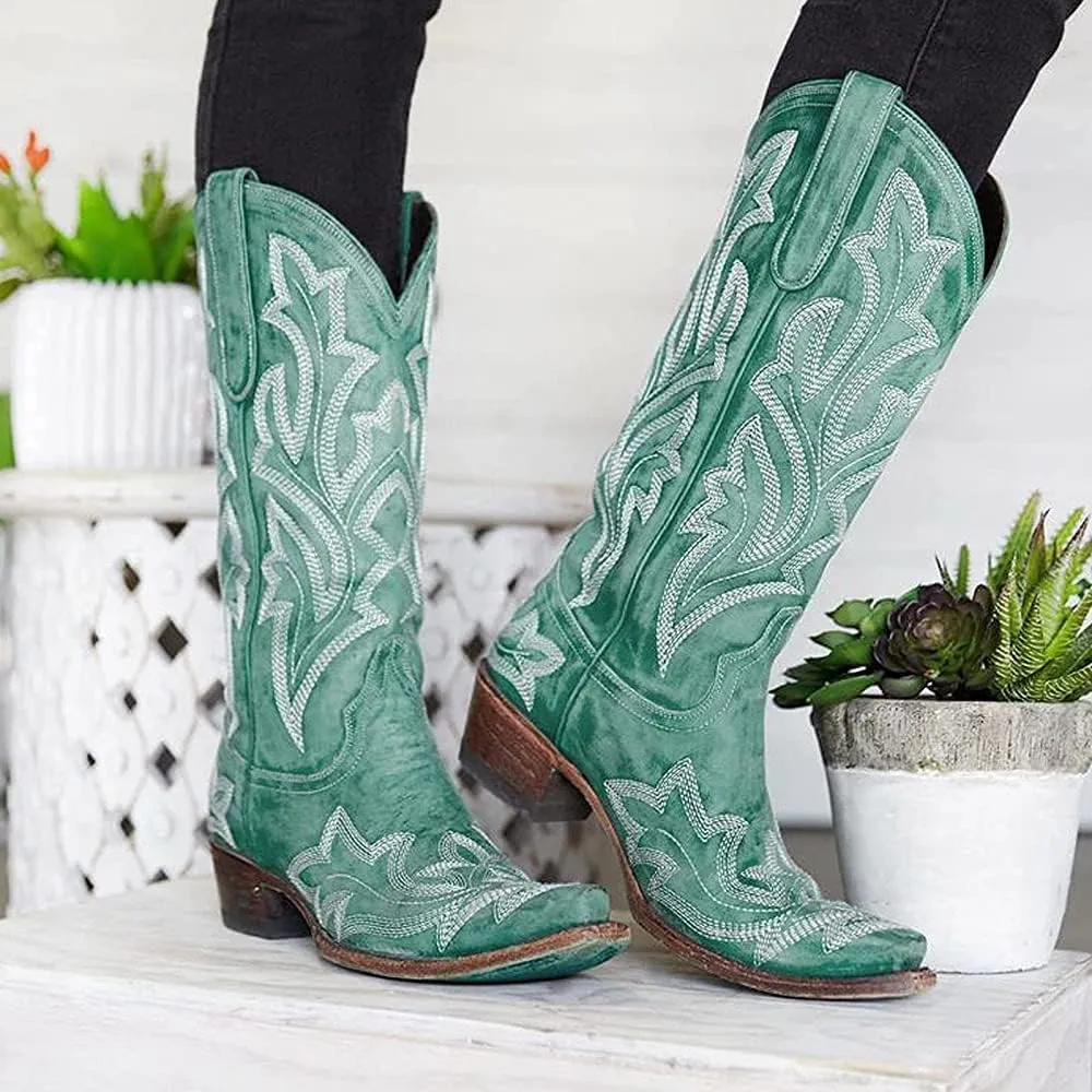 Boots For Women Fashion Dressy Low Heel Western Cowboy Cowgirl Boots Knee High Embroidered Pointed Toe Classic Boot Pull-On