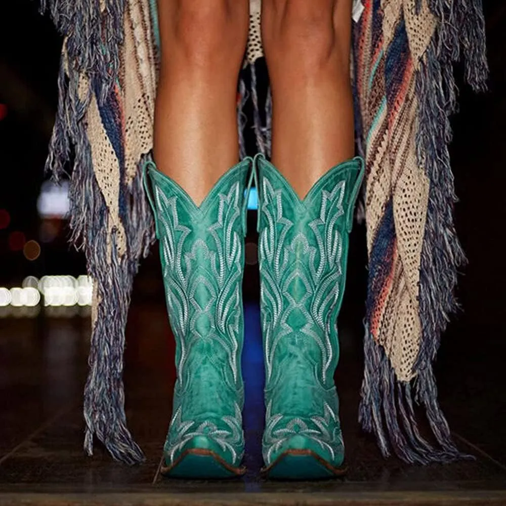 Boots For Women Fashion Dressy Low Heel Western Cowboy Cowgirl Boots Knee High Embroidered Pointed Toe Classic Boot Pull-On