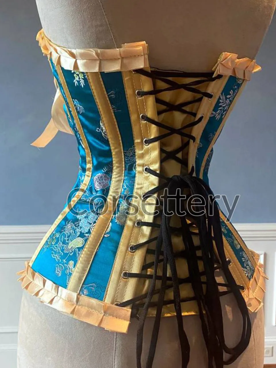 Bright blue brocade steampunk corset with ribbons and bow. Steel-boned corset for tightlacing. Prom, gothic, steampunk Victorian corset.
