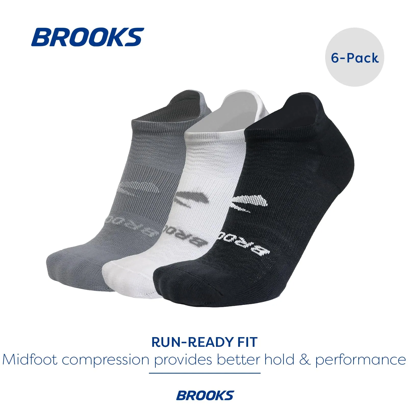 Brooks Run-In No Show Socks I Comfort Fit, Unisex, Performance Running Socks (6-Pack Set) - Asphalt/White/Black - L