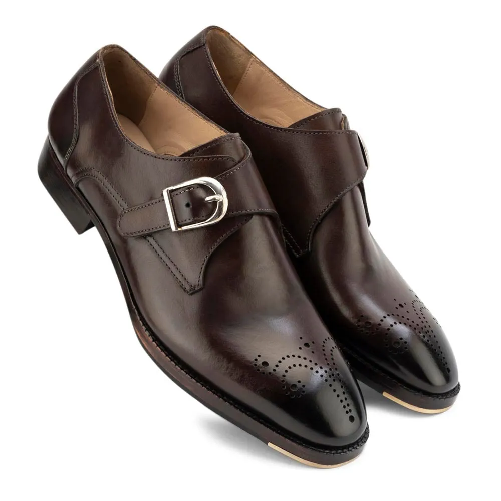 Brown Glossed Square Toe Single Monk Strap