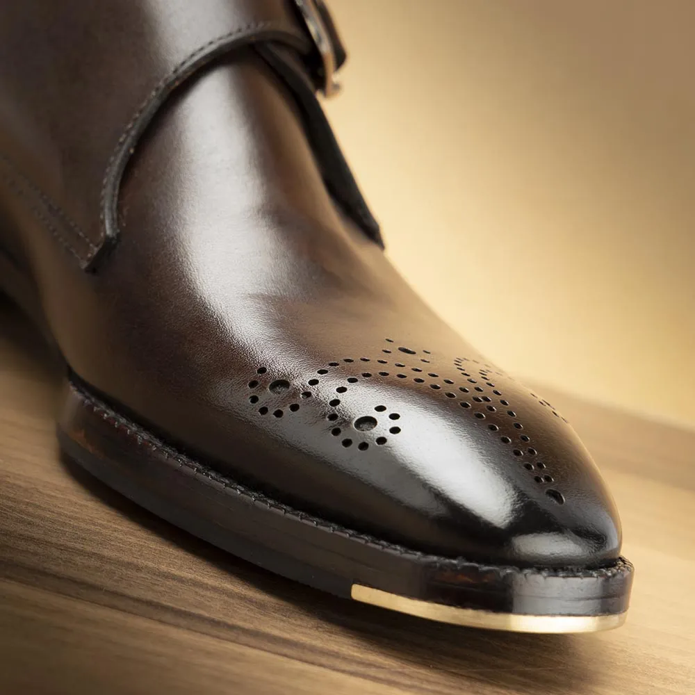 Brown Glossed Square Toe Single Monk Strap