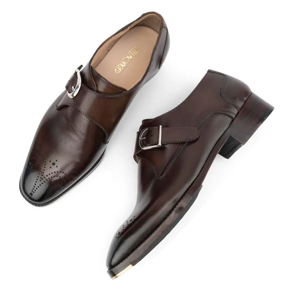 Brown Glossed Square Toe Single Monk Strap