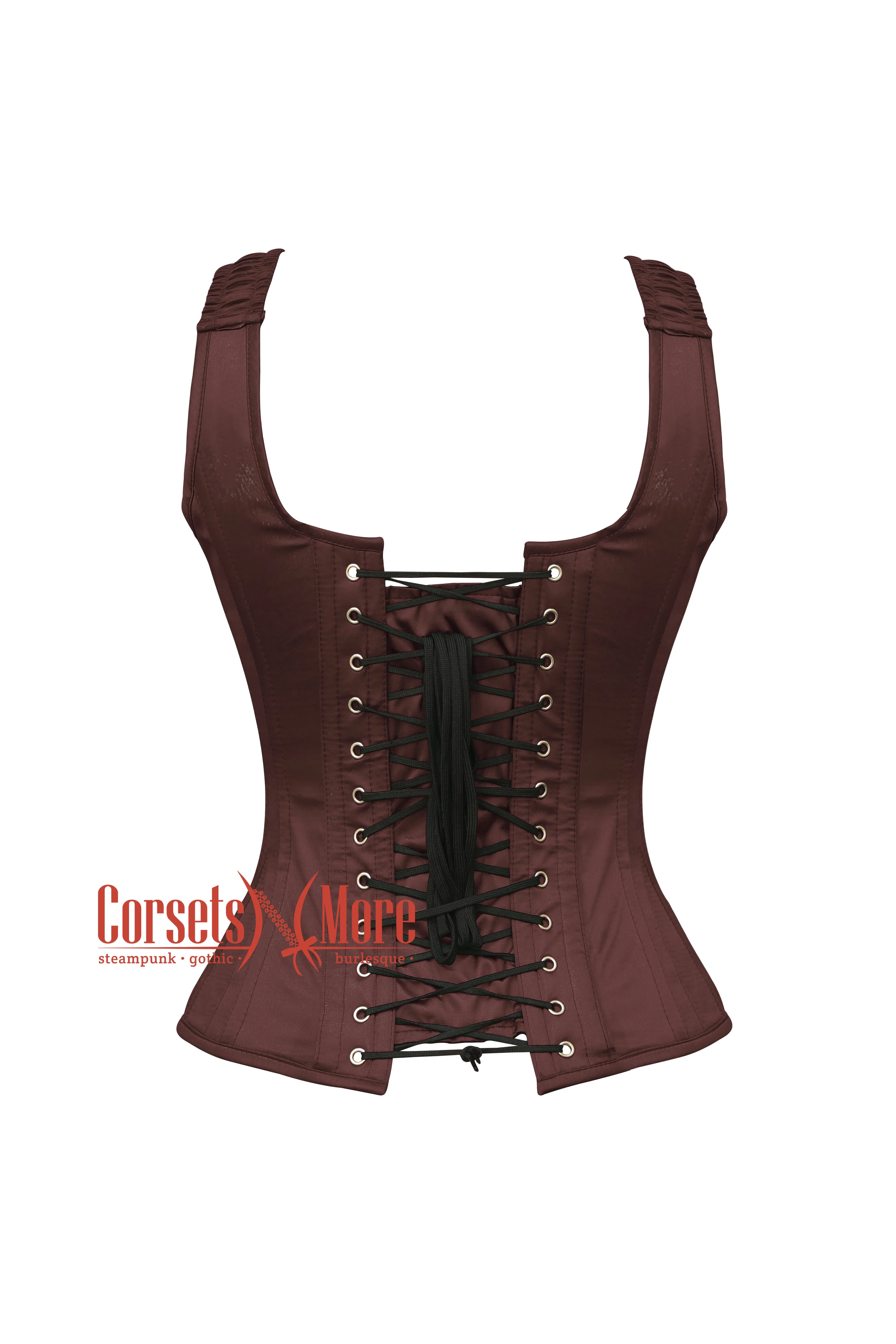 Brown Satin Shoulder Strap Gothic Zipper Overbust Corset Bustier