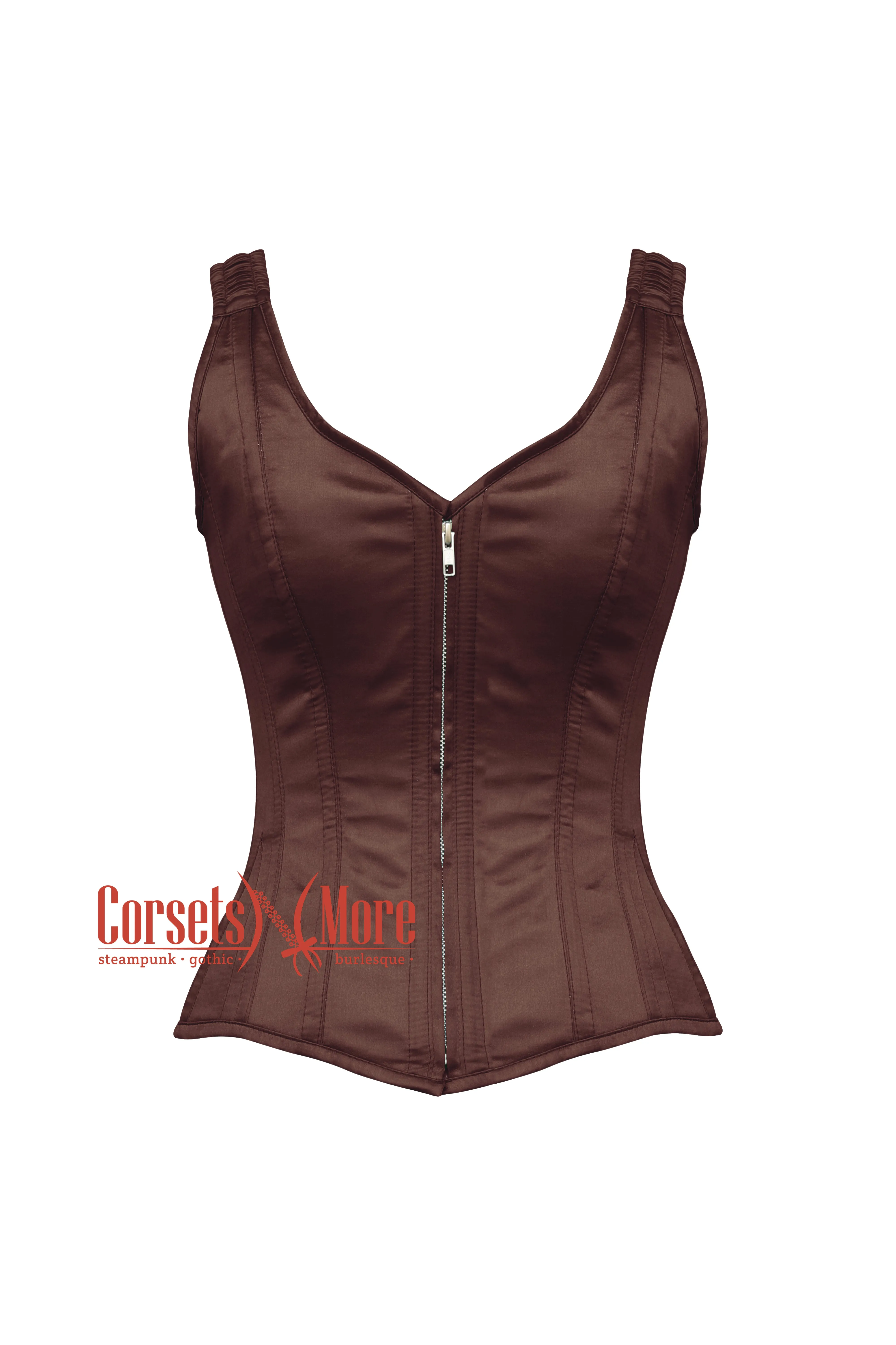 Brown Satin Shoulder Strap Gothic Zipper Overbust Corset Bustier