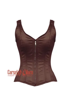 Brown Satin Shoulder Strap Gothic Zipper Overbust Corset Bustier