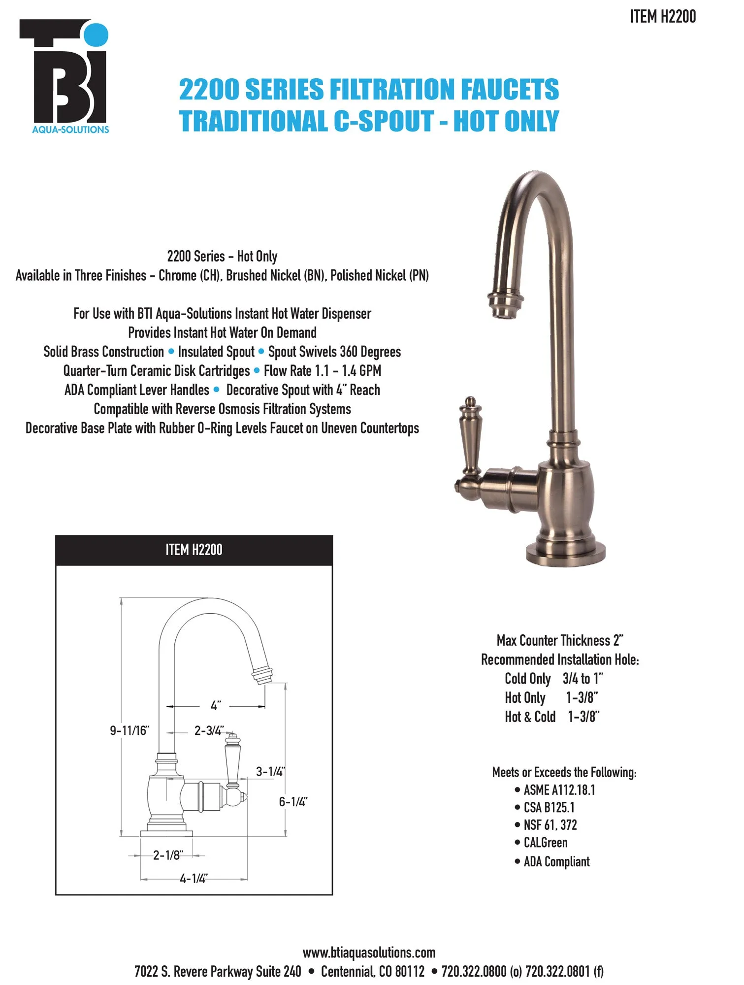 BTI HT-H2200 Traditional C-Spout Hot Only Filtration Faucet