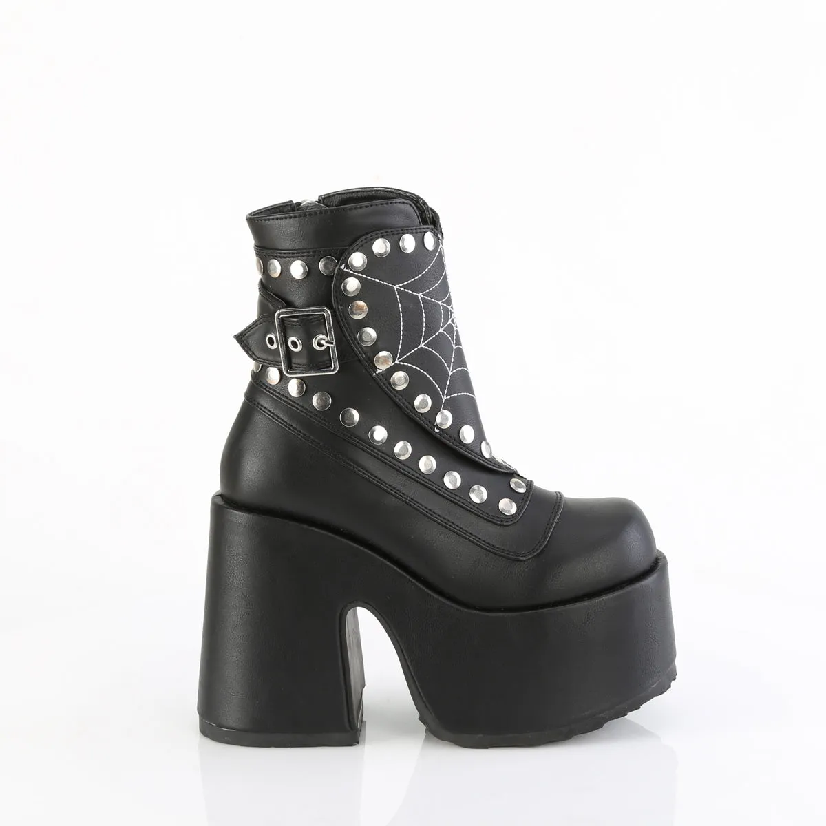 CAMEL-70 Demonia Black Vegan Leather Women's Spiderweb Heart Ankle Boots