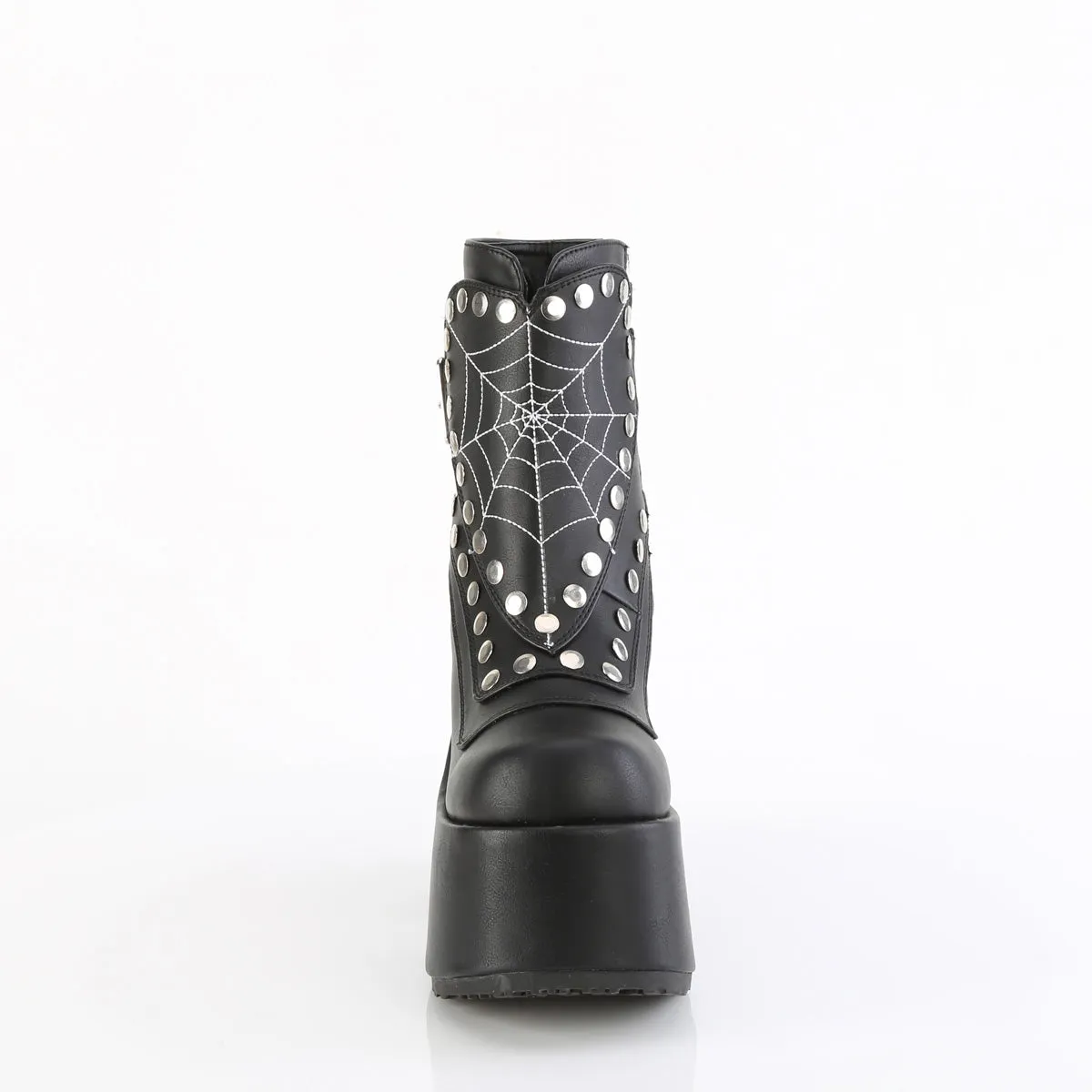 CAMEL-70 Demonia Black Vegan Leather Women's Spiderweb Heart Ankle Boots