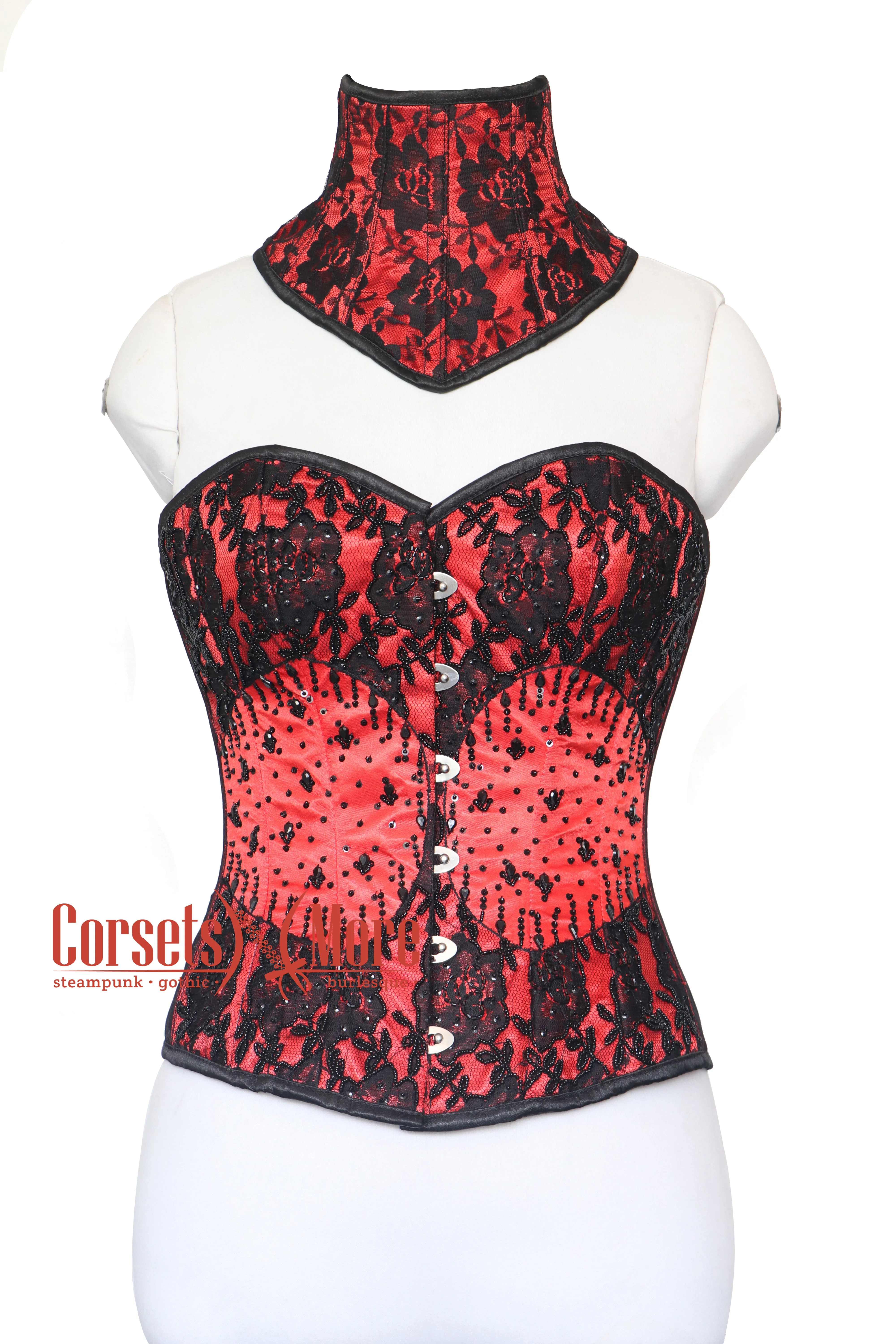 Carmella Noir Red Satin Black Sequins With Neck Collar Overbust Corset