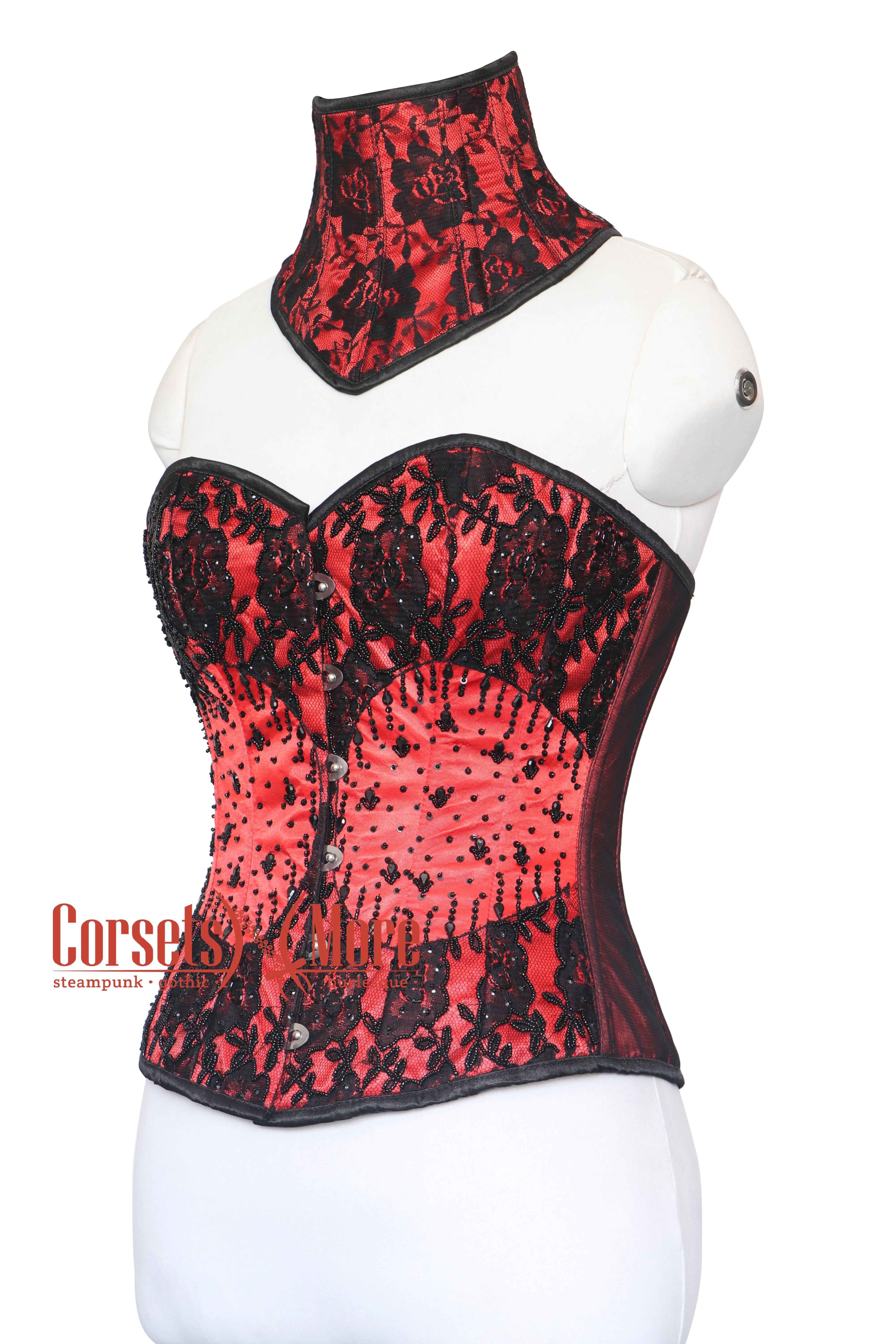 Carmella Noir Red Satin Black Sequins With Neck Collar Overbust Corset