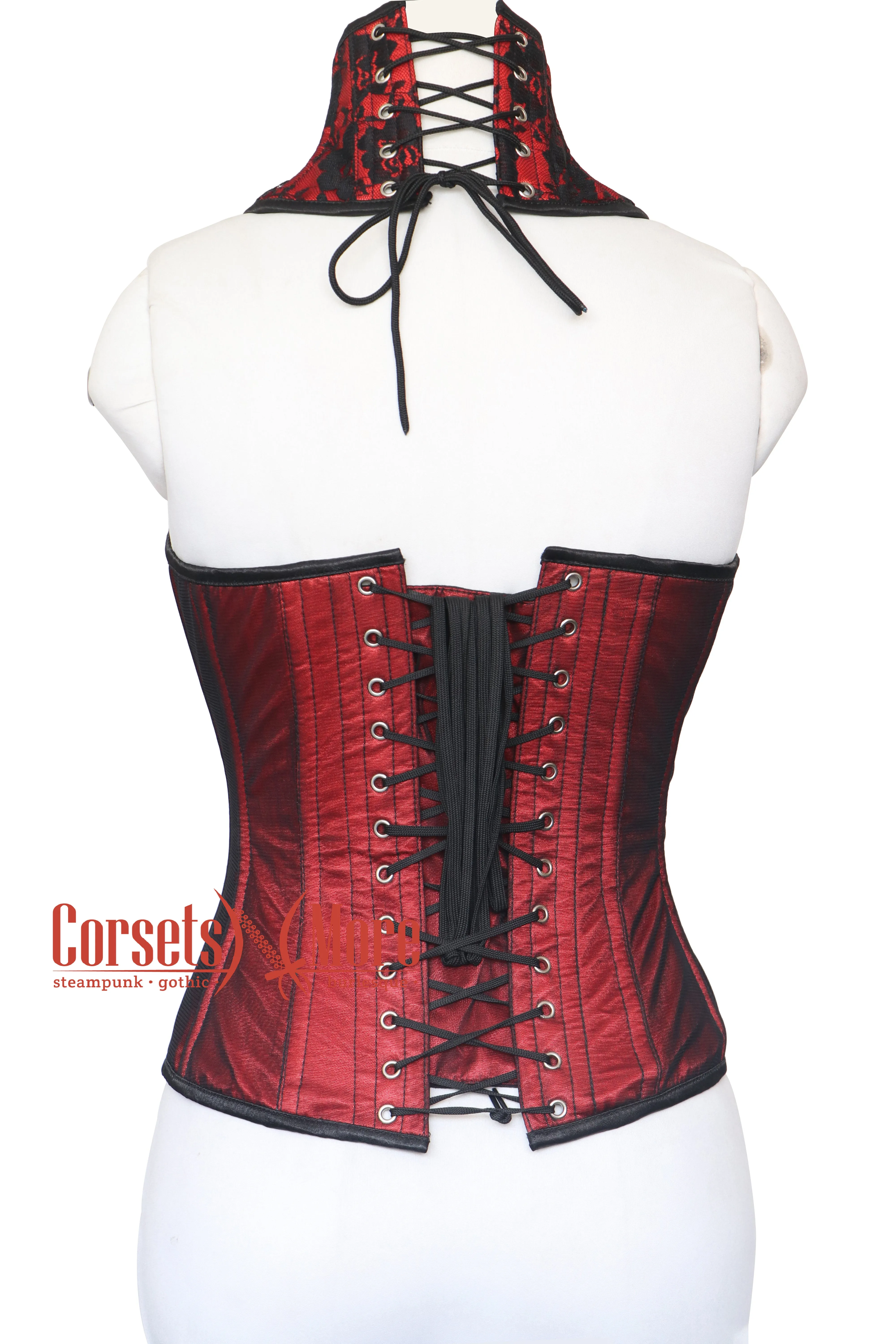 Carmella Noir Red Satin Black Sequins With Neck Collar Overbust Corset
