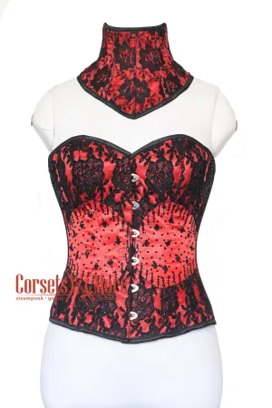 Carmella Noir Red Satin Black Sequins With Neck Collar Overbust Corset
