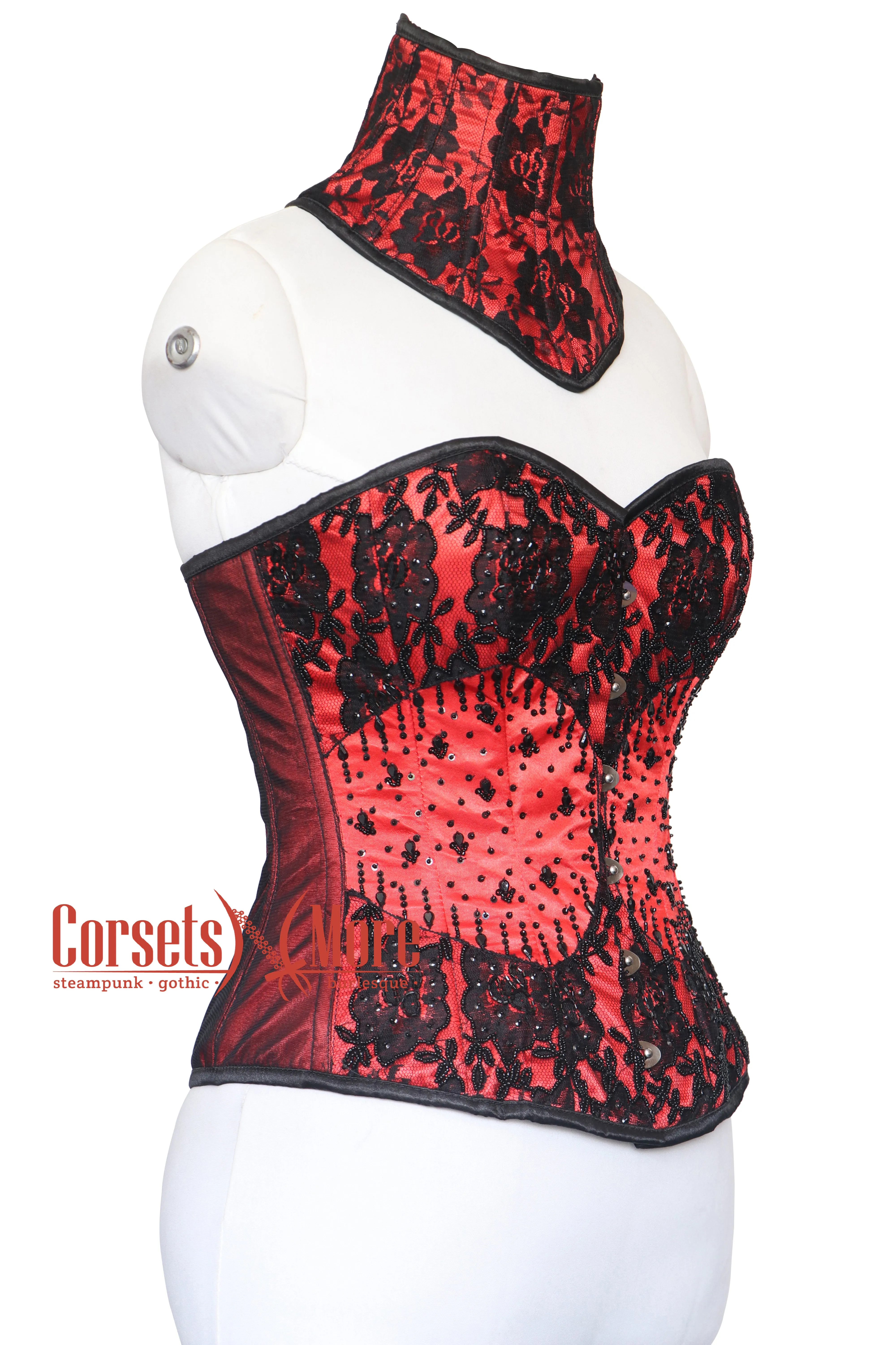 Carmella Noir Red Satin Black Sequins With Neck Collar Overbust Corset