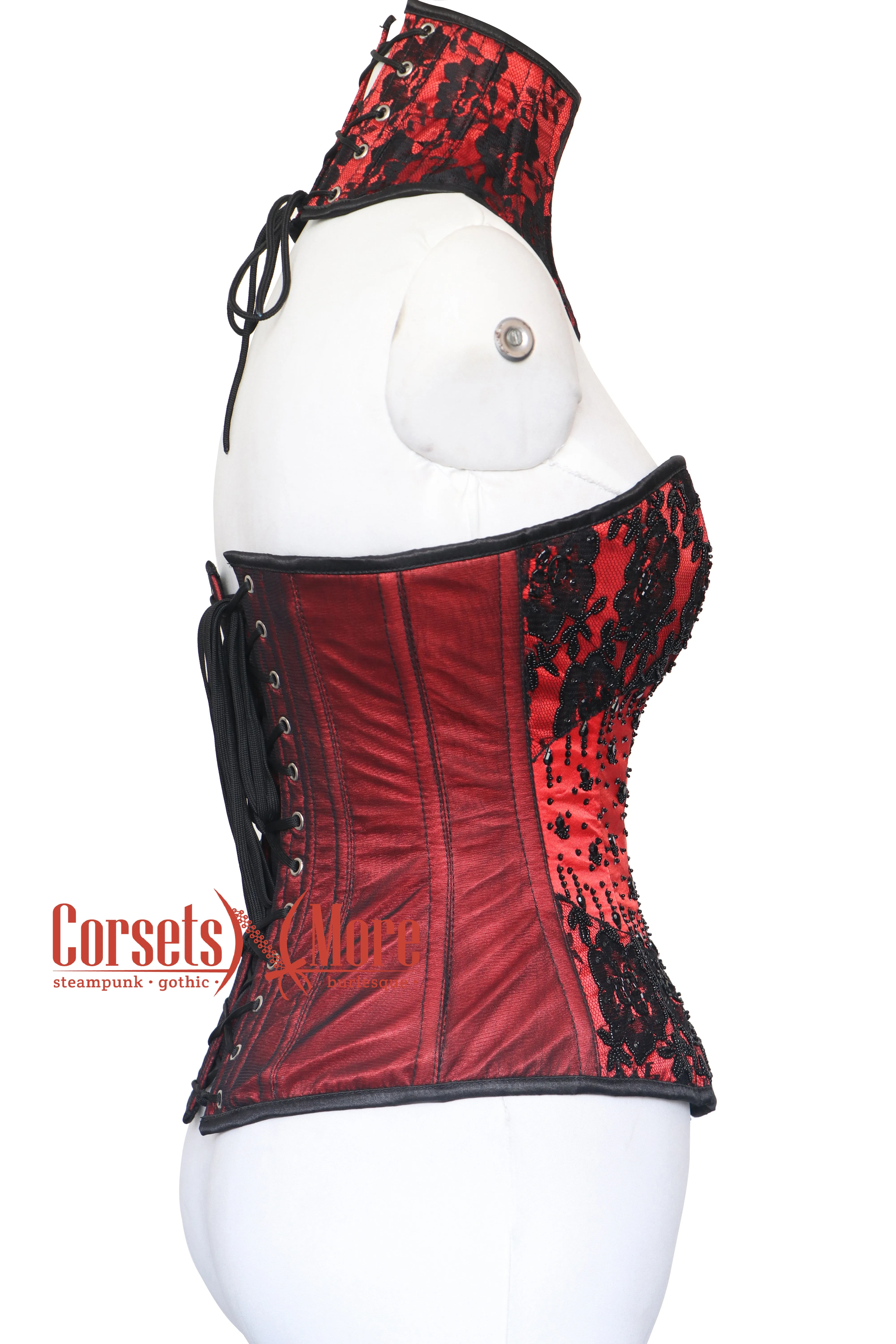 Carmella Noir Red Satin Black Sequins With Neck Collar Overbust Corset