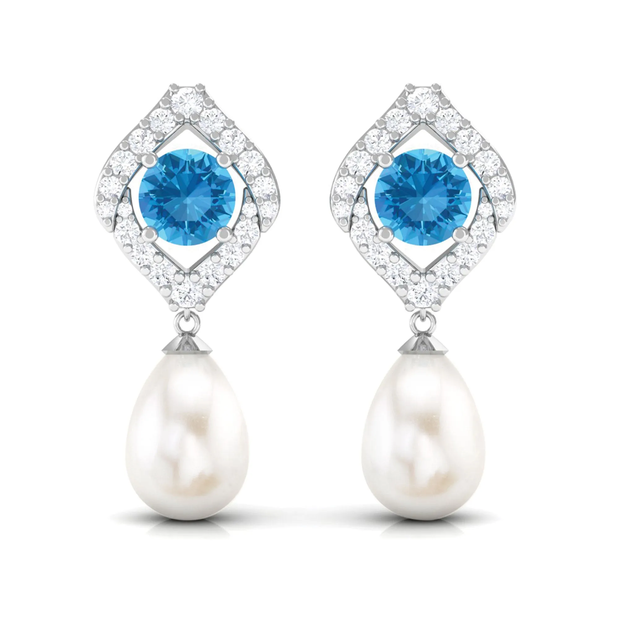 Certified White Cultured Pearl Drop Dangle Earrings with Swiss Blue Topaz and Moissanite
