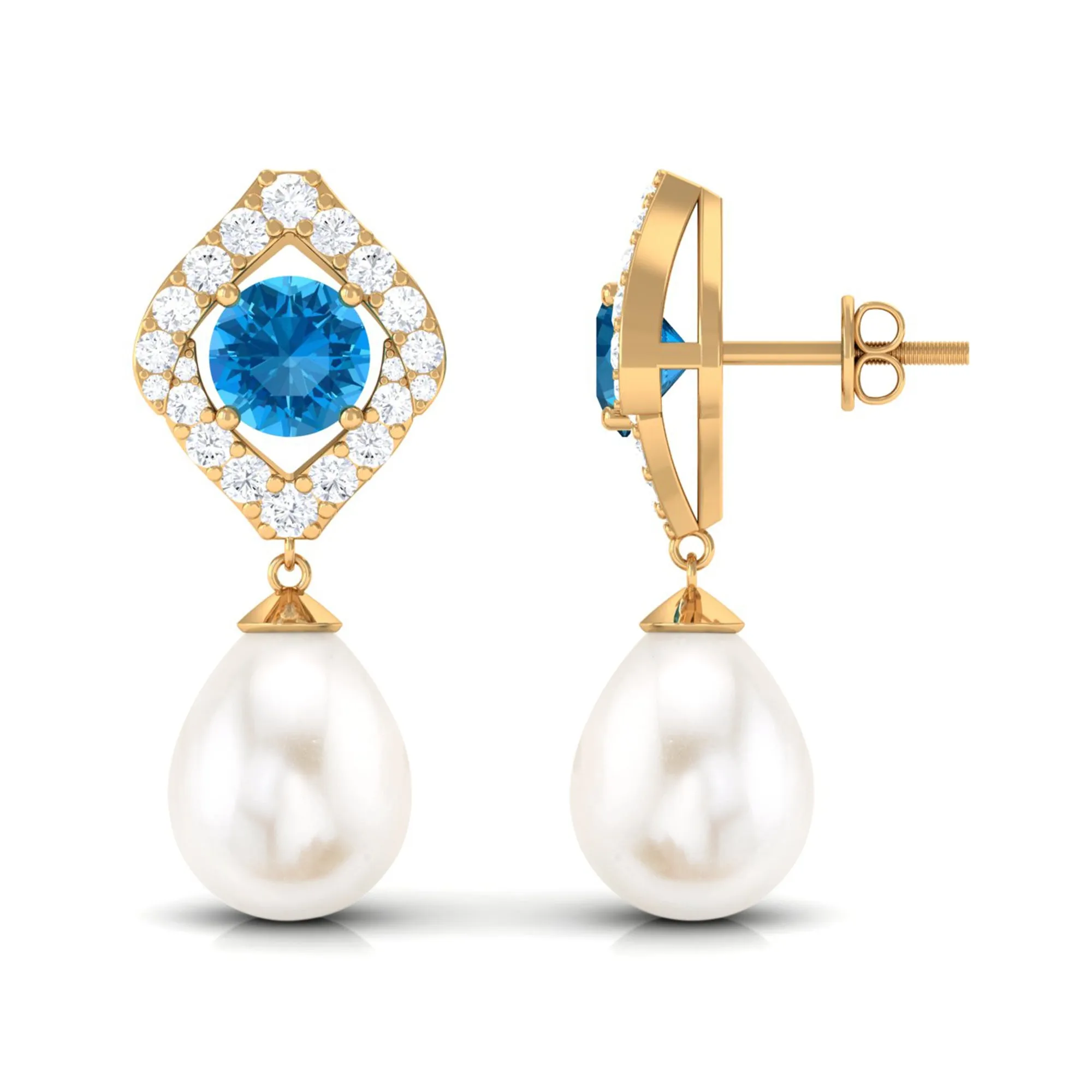 Certified White Cultured Pearl Drop Dangle Earrings with Swiss Blue Topaz and Moissanite