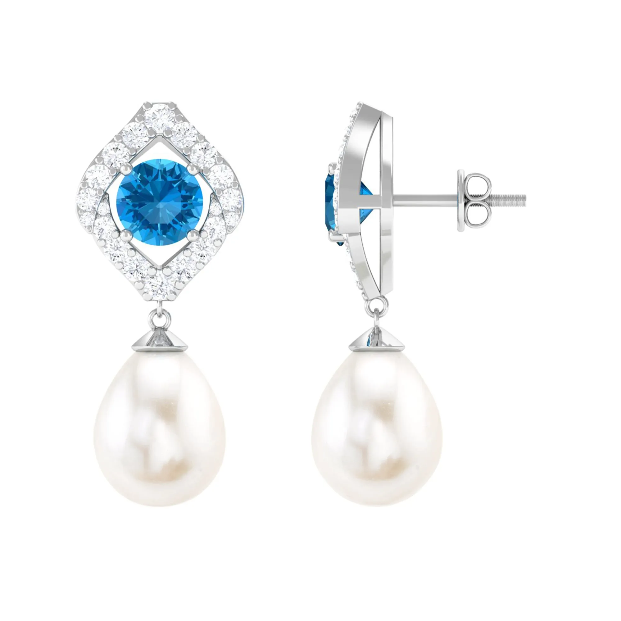 Certified White Cultured Pearl Drop Dangle Earrings with Swiss Blue Topaz and Moissanite