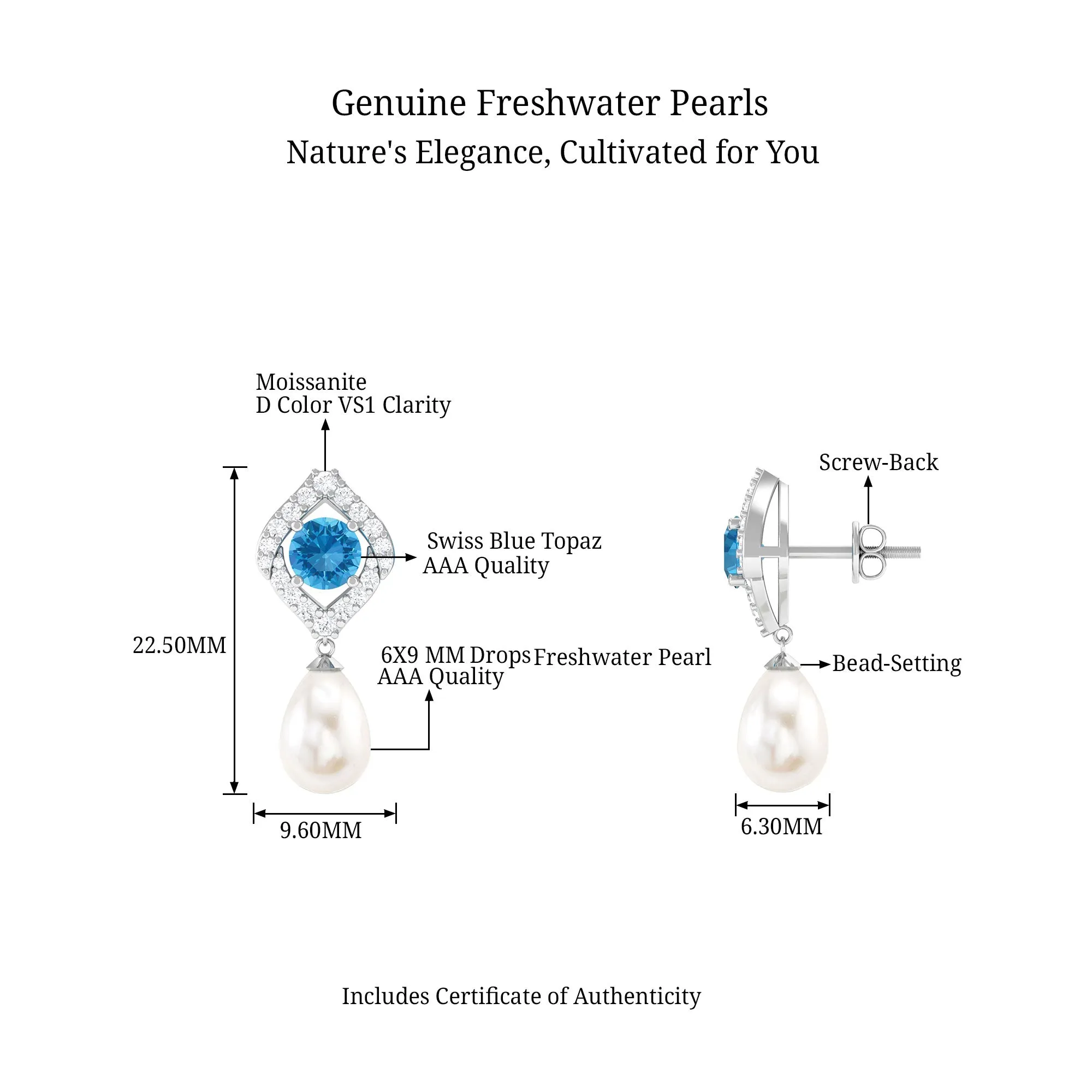 Certified White Cultured Pearl Drop Dangle Earrings with Swiss Blue Topaz and Moissanite