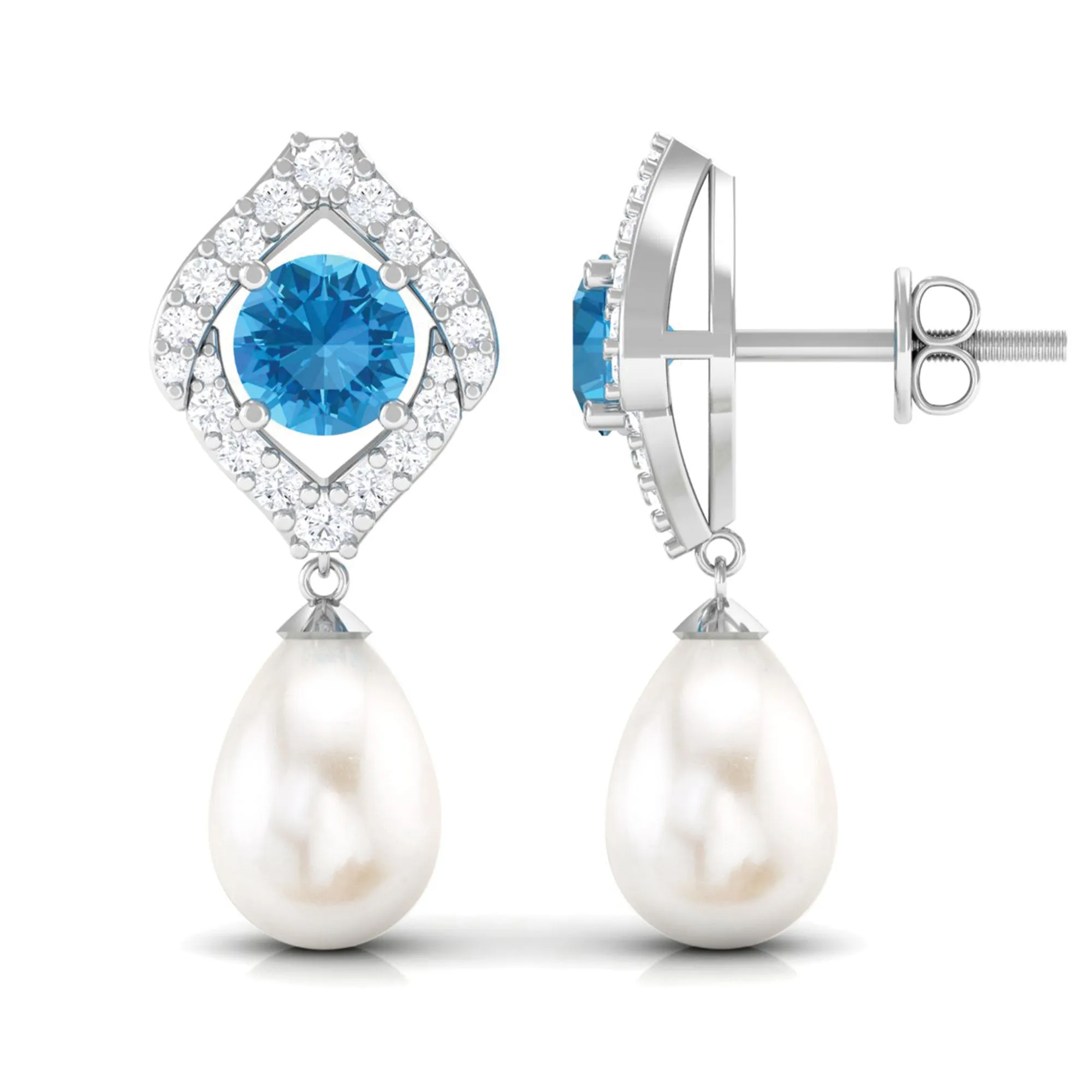 Certified White Cultured Pearl Drop Dangle Earrings with Swiss Blue Topaz and Moissanite