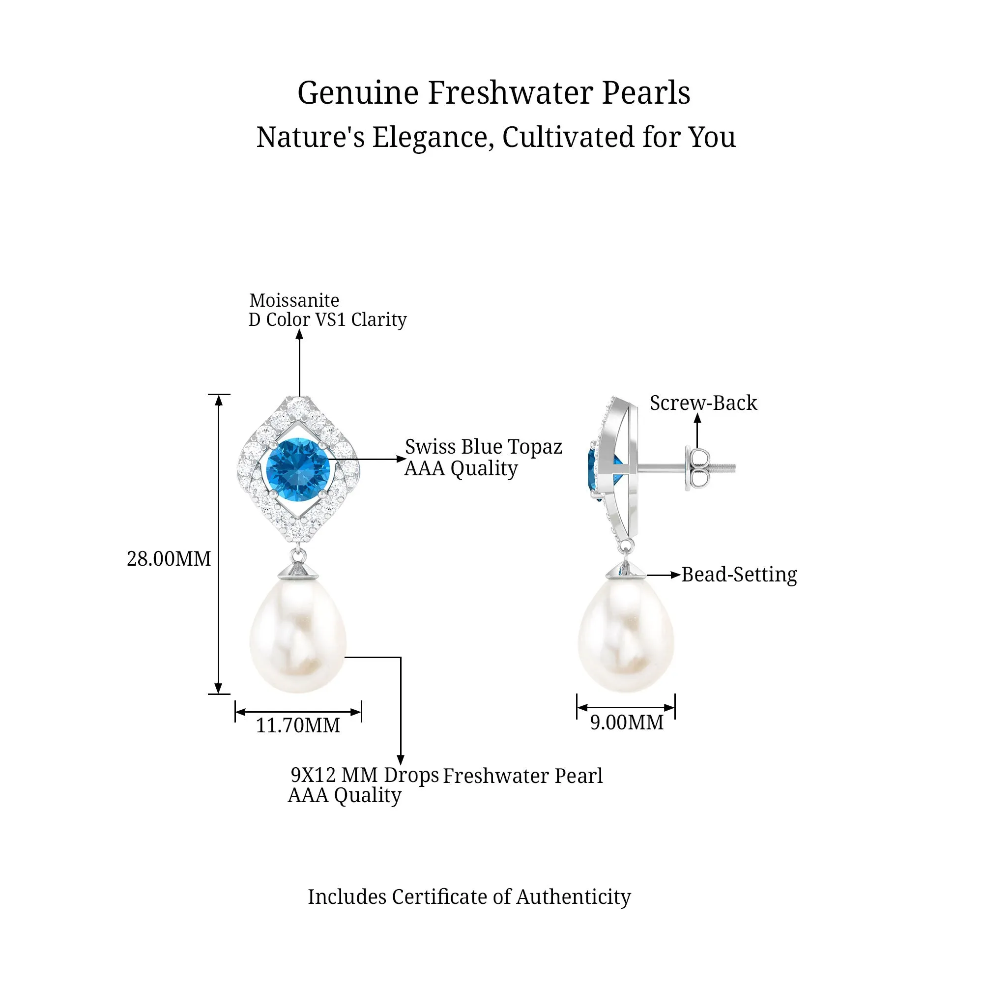Certified White Cultured Pearl Drop Dangle Earrings with Swiss Blue Topaz and Moissanite