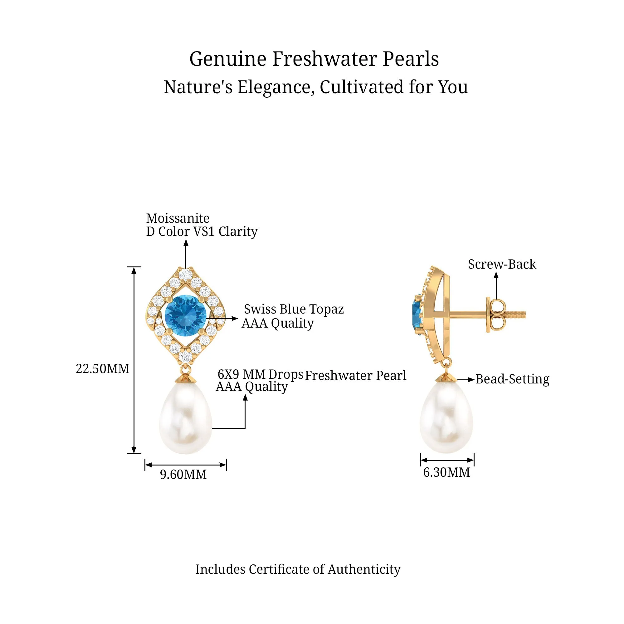 Certified White Cultured Pearl Drop Dangle Earrings with Swiss Blue Topaz and Moissanite