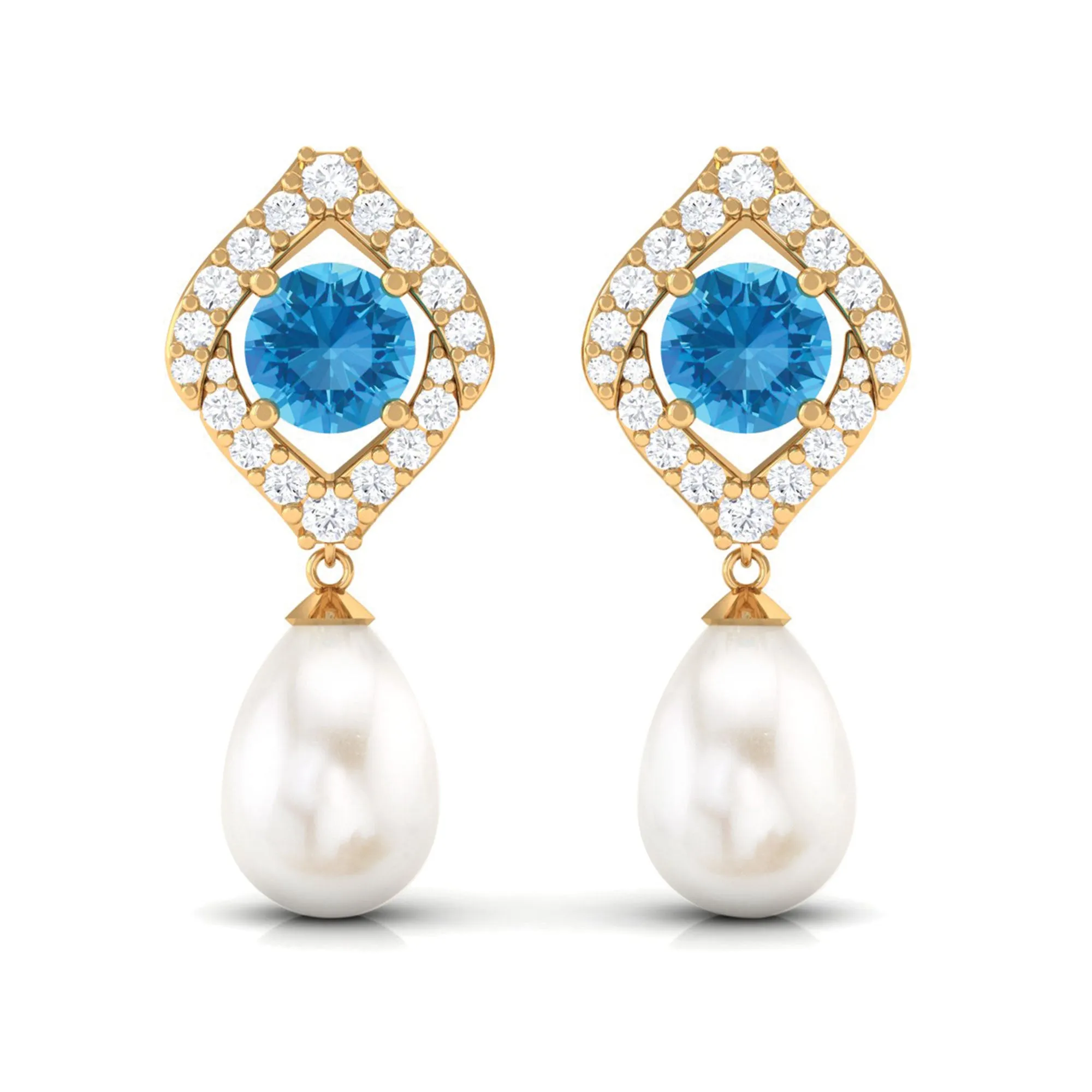 Certified White Cultured Pearl Drop Dangle Earrings with Swiss Blue Topaz and Moissanite