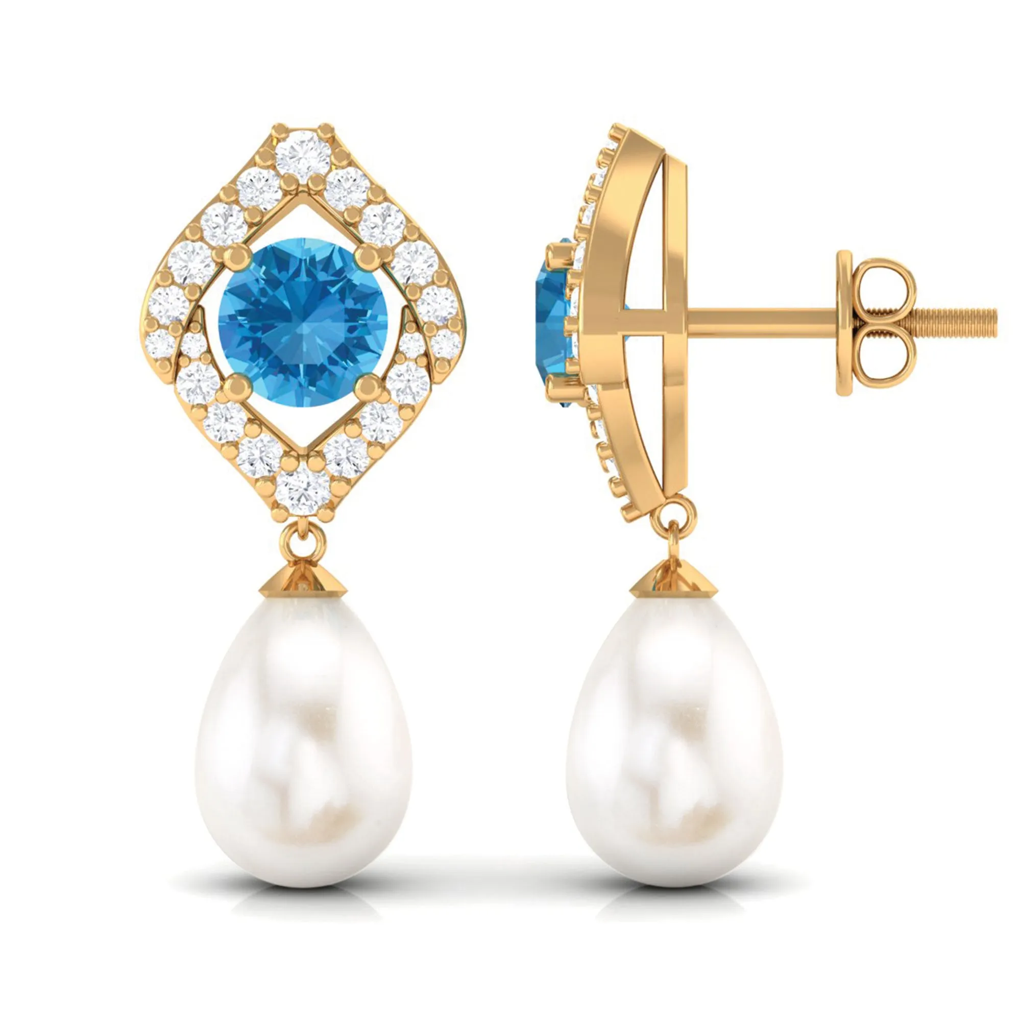 Certified White Cultured Pearl Drop Dangle Earrings with Swiss Blue Topaz and Moissanite