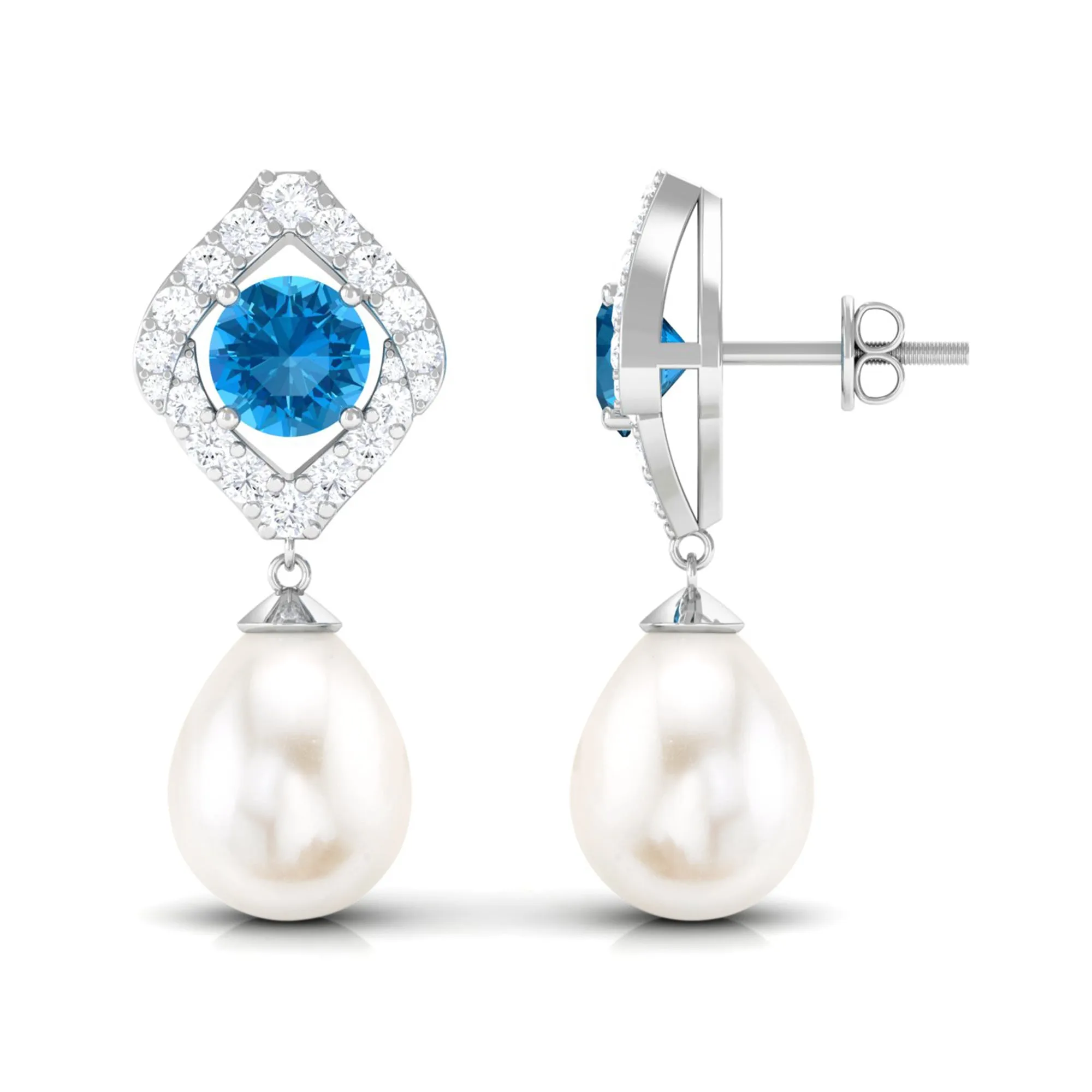 Certified White Cultured Pearl Drop Dangle Earrings with Swiss Blue Topaz and Moissanite
