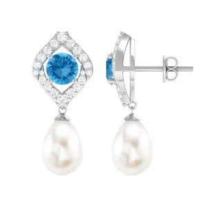 Certified White Cultured Pearl Drop Dangle Earrings with Swiss Blue Topaz and Moissanite