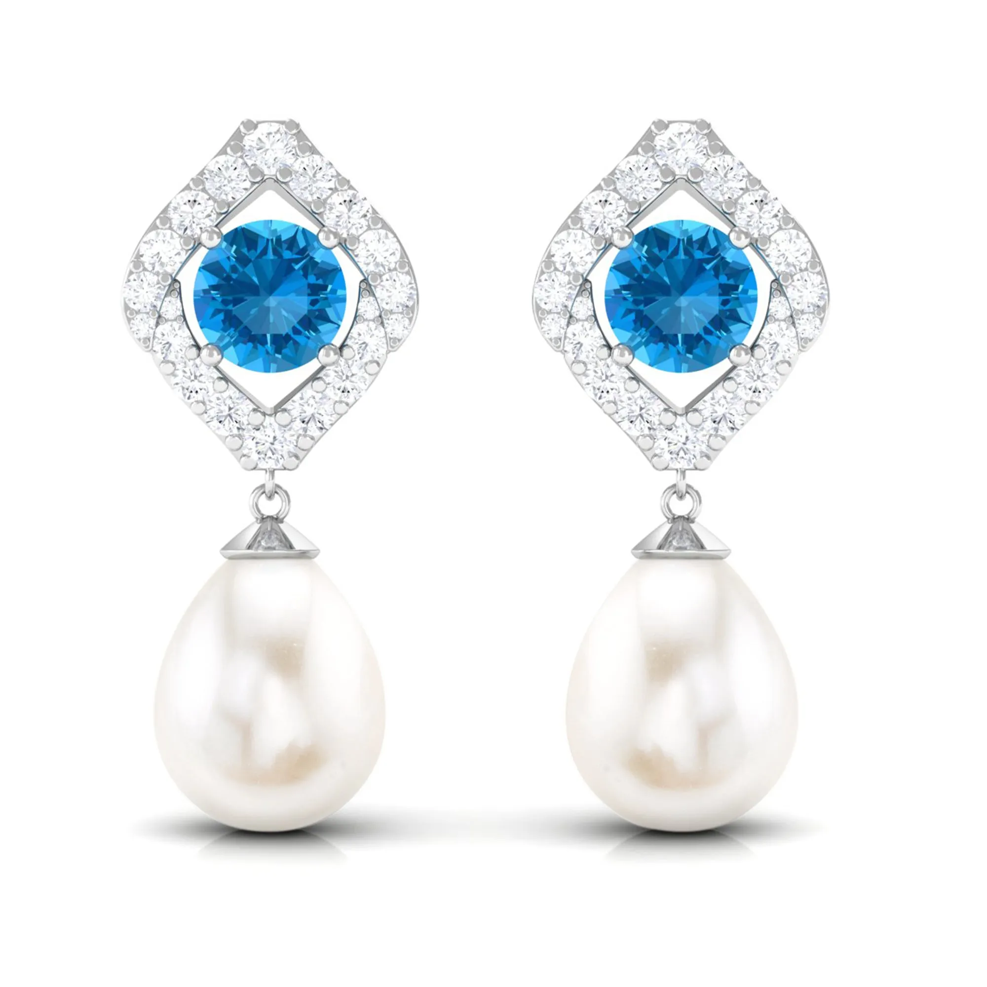 Certified White Cultured Pearl Drop Dangle Earrings with Swiss Blue Topaz and Moissanite