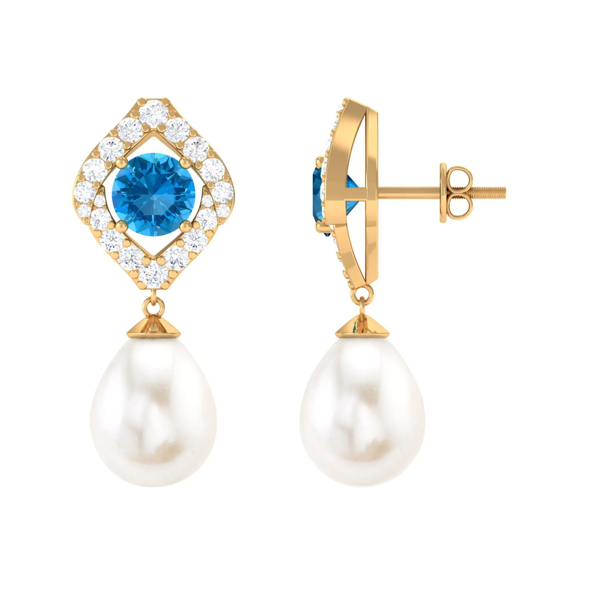 Certified White Cultured Pearl Drop Dangle Earrings with Swiss Blue Topaz and Moissanite