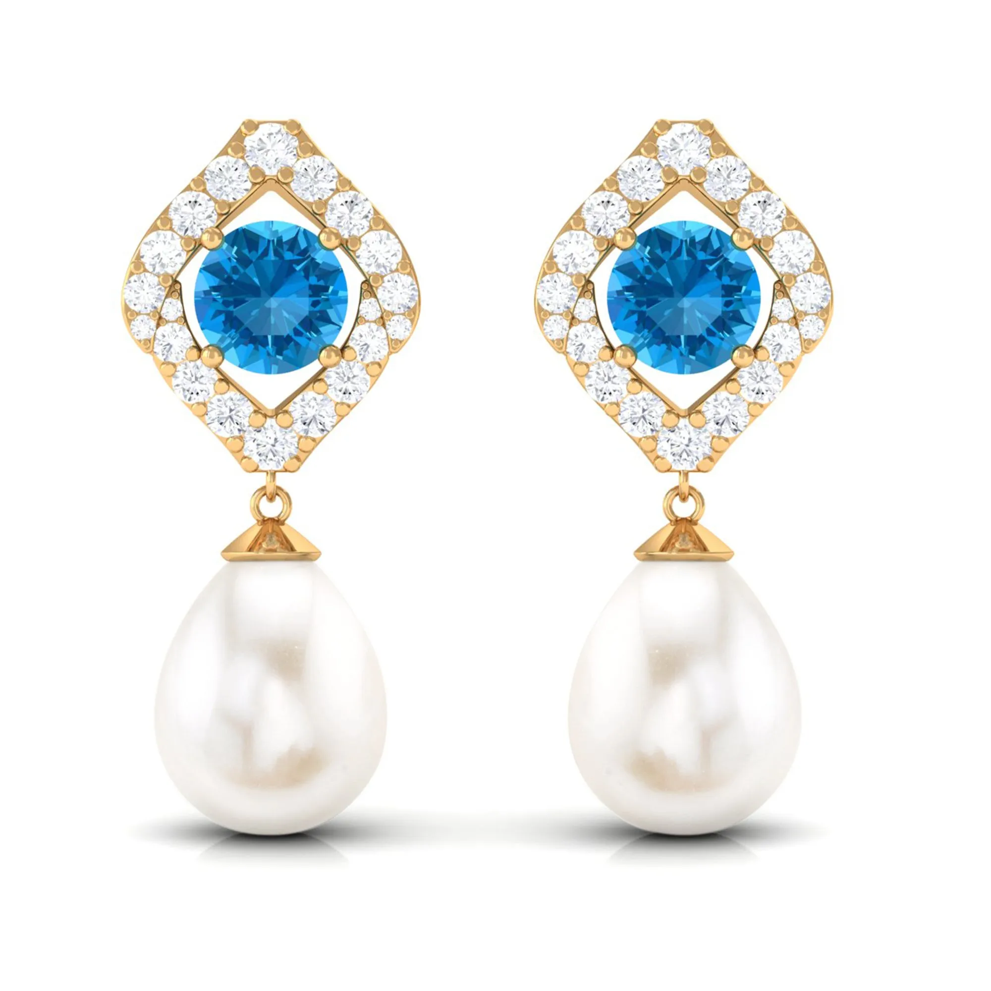Certified White Cultured Pearl Drop Dangle Earrings with Swiss Blue Topaz and Moissanite