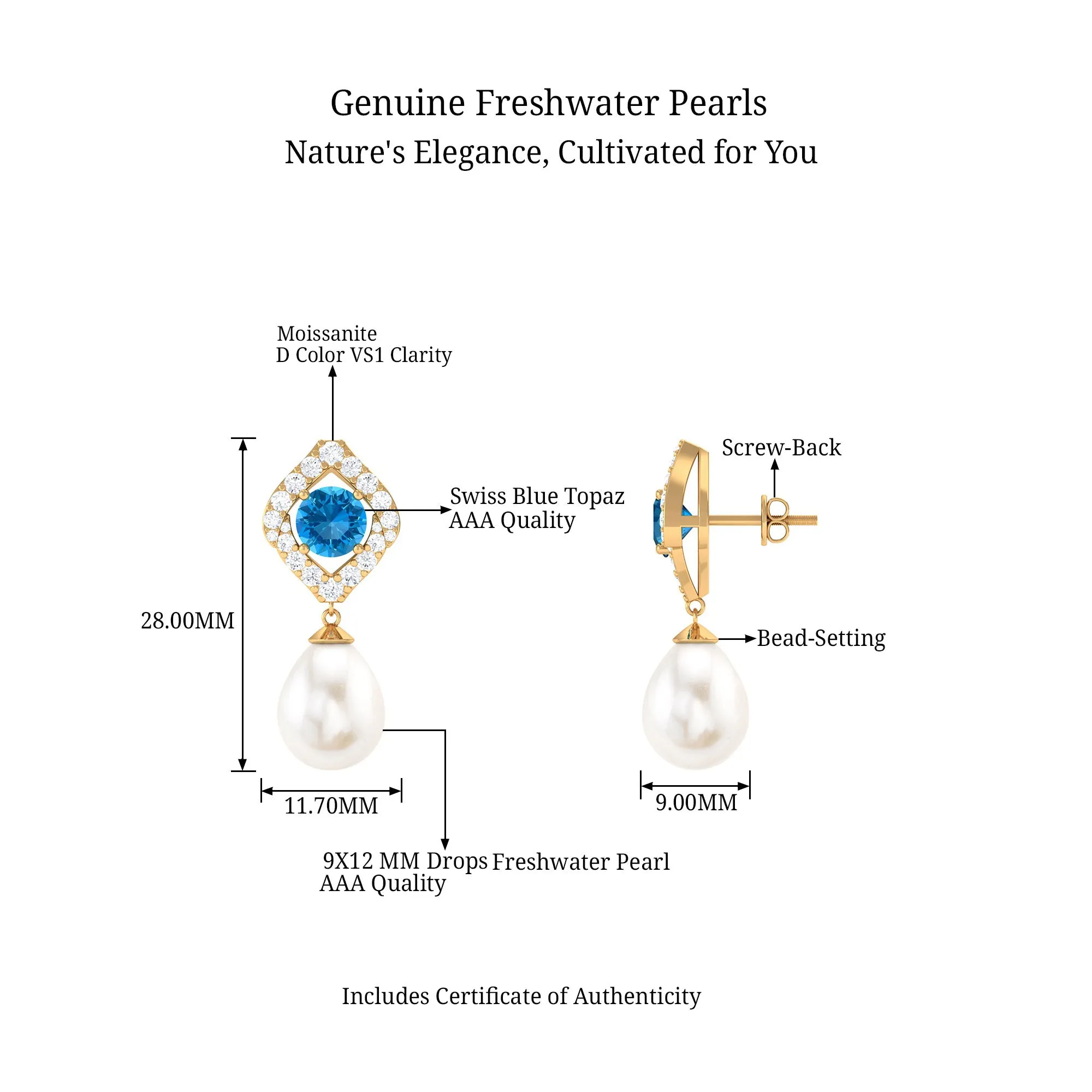 Certified White Cultured Pearl Drop Dangle Earrings with Swiss Blue Topaz and Moissanite