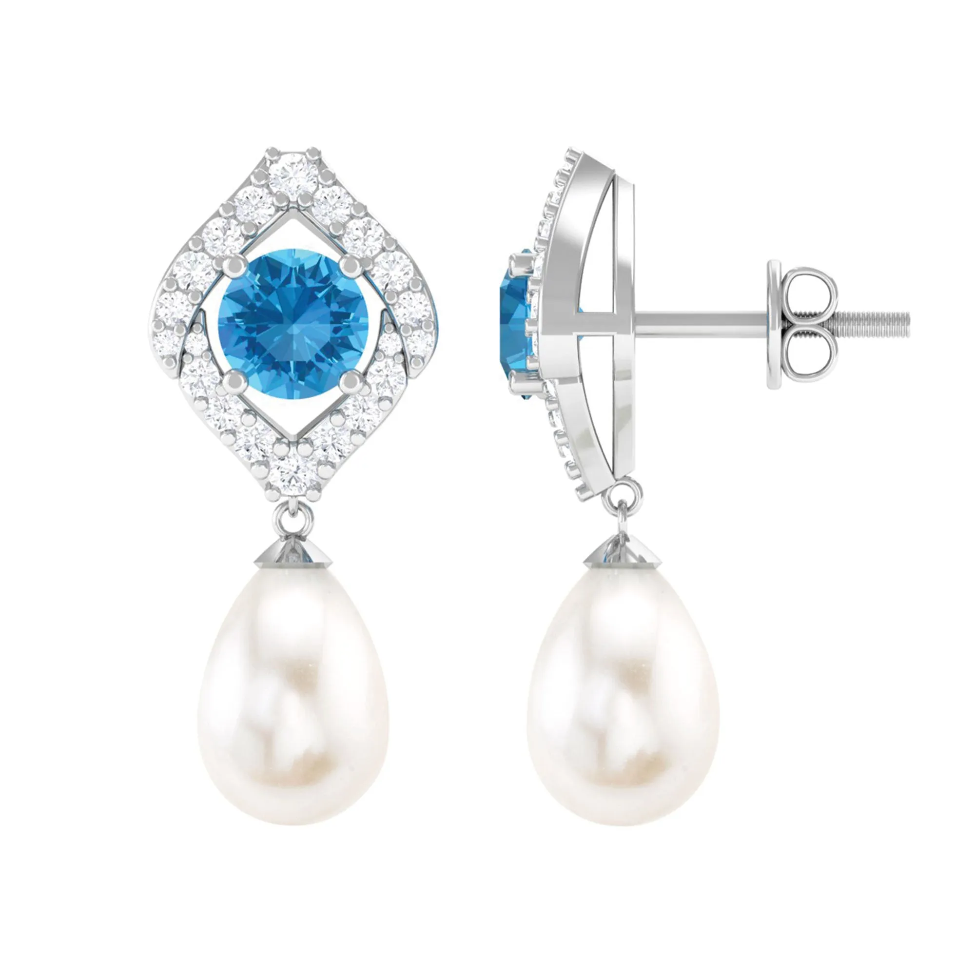 Certified White Cultured Pearl Drop Dangle Earrings with Swiss Blue Topaz and Moissanite